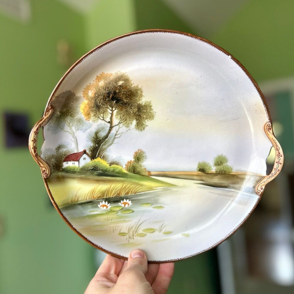 VTG Nippon Cottage + Lake Porcelain Display Plate With Handles Home Accent